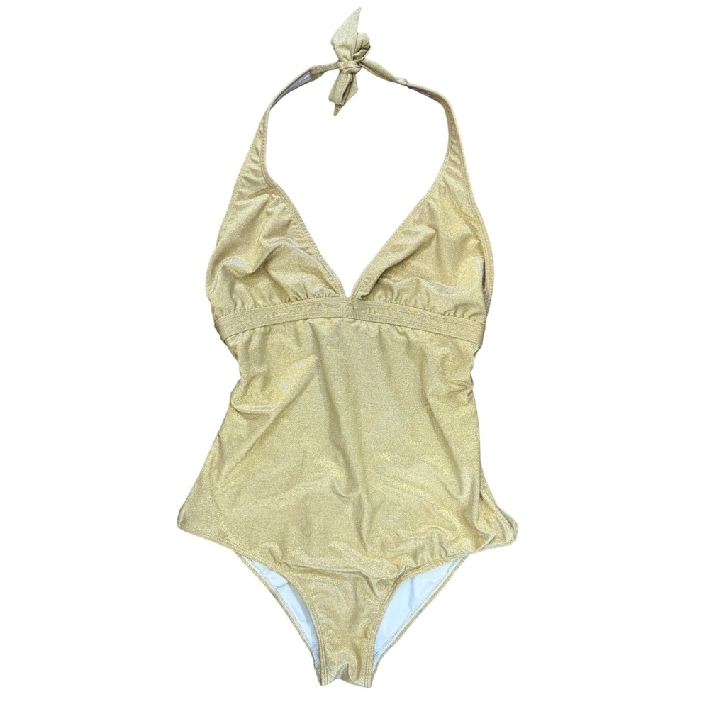 OndadeMar Womens Gold Metallic Lurex Halter One Piece Swimsuit Size L Colombia